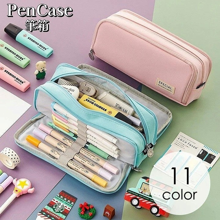 ペンケース 筆箱 ファスナー 両面開き ペンホルダー 大容量 内ポケット 筆記用具入れ 文房具入れ 小物入れ ペン入れ オックスフォード メッシュ ジッパー 多機能 小学生 中学生 高校生 入学祝い