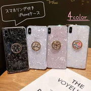 iPhoneケース iPhoneカバー スマホケース スマホカバー レディース向け 女性向け スマホ雑貨 スマホリング付き ラメ キラキラ シェル柄 ブラック ホワイト ピンク 華やか かわいい キュート ポップ