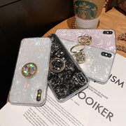 iPhoneケース iPhoneカバー スマホケース スマホカバー レディース向け 女性向け スマホ雑貨 スマホリング付き ラメ キラキラ シェル柄 ブラック ホワイト ピンク 華やか かわいい キュート ポップ