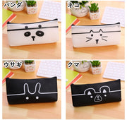 ペンケース 筆箱 ふで箱 鉛筆入れ ペンポーチ 可愛い かわいい 高校生 中学生 学生 社会人 大人 モノトーン 白 黒 動物 アニマル 文房具 文具 事務用品 スリム 薄型 ネコ 猫 CAT クマ パンダ ウサギ