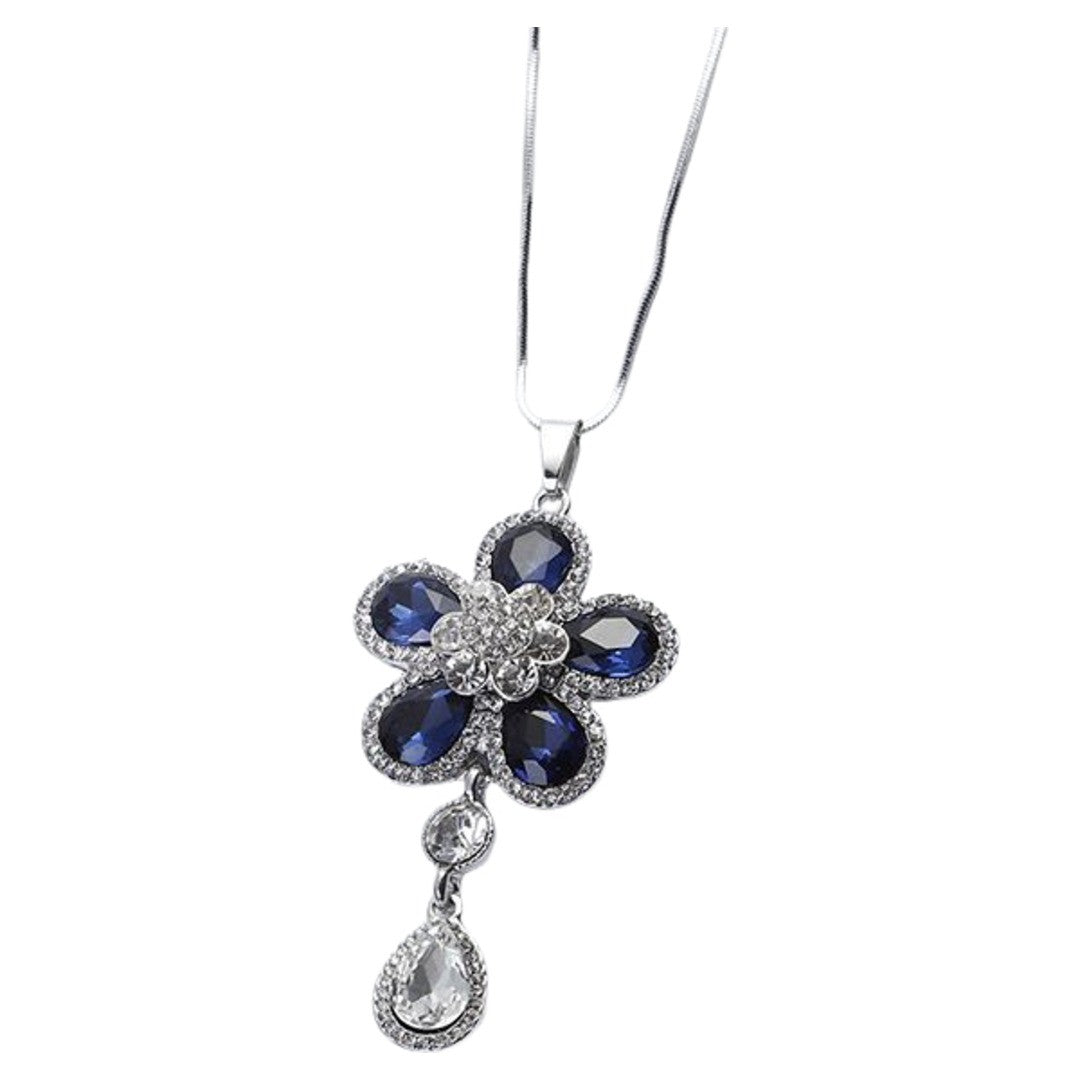 ロングネックレス ネックレス アクセサリー レディース フラワーモチーフ お花 花 フラワー ラインストーン ビジュー チェーン 雫型 シルバーカラー ブルー 可愛い かわいい お洒落 オシャレ おしゃれ きれいめ 上品 綺麗 きれい 大人可愛い 大人 女性 婦人 プレゼント ギフト 贈り物 誕生日 ファッション小物 小物 雑貨