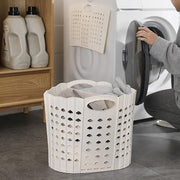 ランドリーバスケット 洗濯カゴ 洗濯用品 日用品 折りたたみ式 折り畳み プラスチック製 大容量 円形 丸型 籠 かご 収納ボックス 取っ手付き 無地 単色 通気性 コンパクト 省スペース シンプル おしゃれ 雑貨