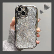 iPhoneケース アイフォンケース スマホカバー メタル調 波型フレーム キラキラ ラメ グリッターデザイン おしゃれ かわいい 背面保護 傷防止 大人女子 レディース スマートフォンケース アイフォーン用 iPhone 17 16 15 14 13