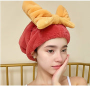 タオルキャップ ヘアドライタオル レディース 女性 婦人 バス用品 バスグッズ ヘアキャップ ドライキャップ お風呂 吸水 リボン 無地 ピンク ブルー ワイン マスタード かわいい おしゃれ