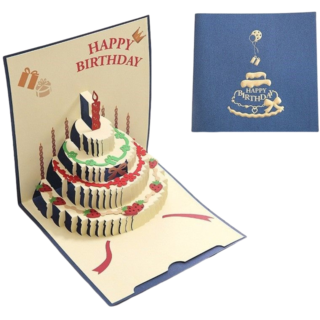 バースデーカード グリーティングカード 手紙 誕生日 HAPPYBIRTHDAY メッセージカード 文房具 スクエア 正方形 二つ折り 3D 立体 切り絵 飛び出すイラスト ケーキ ブラウン レッド ブルー かわいい キュート おしゃれ プレゼント ギフト