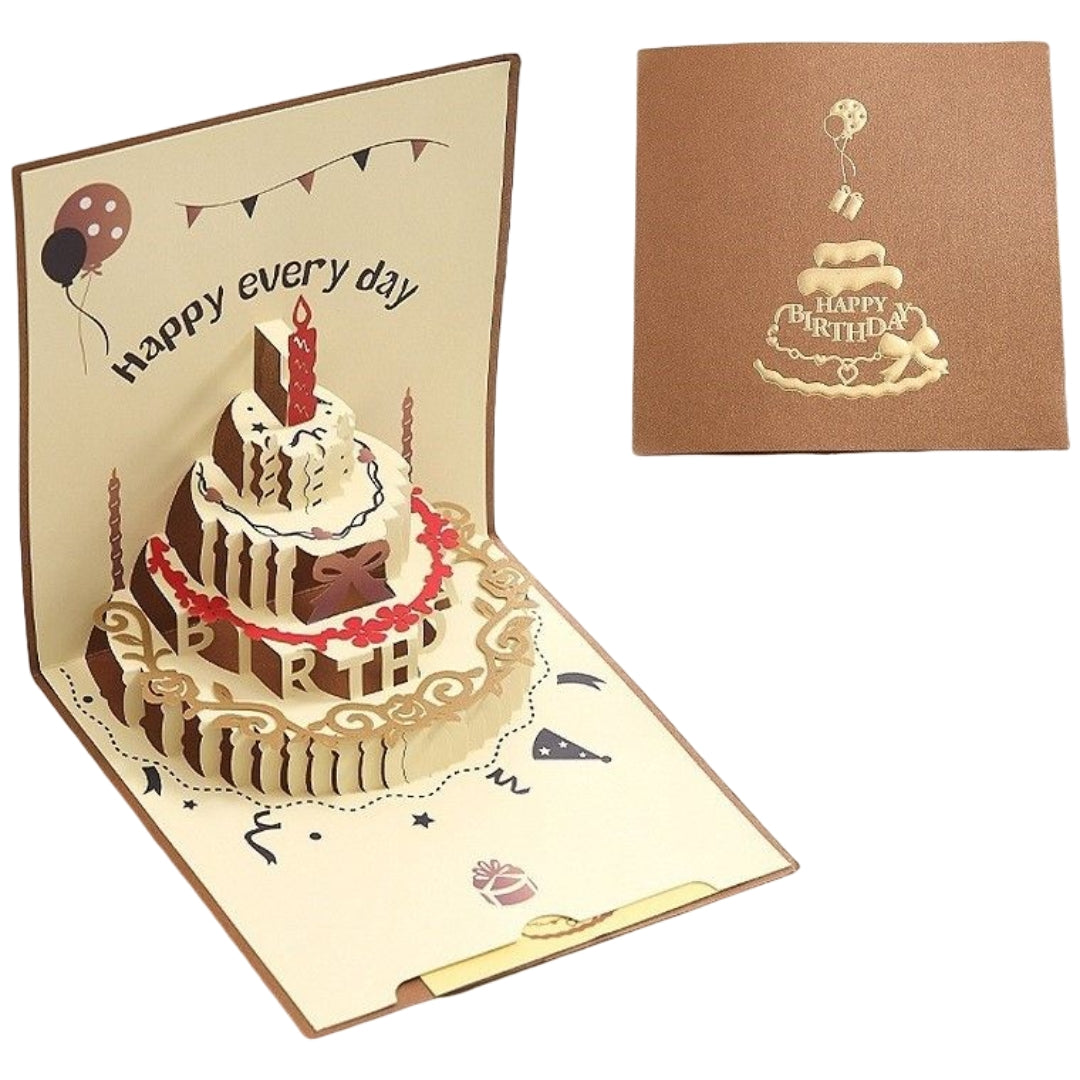 バースデーカード グリーティングカード 手紙 誕生日 HAPPYBIRTHDAY メッセージカード 文房具 スクエア 正方形 二つ折り 3D 立体 切り絵 飛び出すイラスト ケーキ ブラウン レッド ブルー かわいい キュート おしゃれ プレゼント ギフト