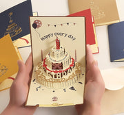 バースデーカード グリーティングカード 手紙 誕生日 HAPPYBIRTHDAY メッセージカード 文房具 スクエア 正方形 二つ折り 3D 立体 切り絵 飛び出すイラスト ケーキ ブラウン レッド ブルー かわいい キュート おしゃれ プレゼント ギフト