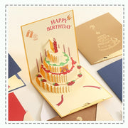 バースデーカード グリーティングカード 手紙 誕生日 HAPPYBIRTHDAY メッセージカード 文房具 スクエア 正方形 二つ折り 3D 立体 切り絵 飛び出すイラスト ケーキ ブラウン レッド ブルー かわいい キュート おしゃれ プレゼント ギフト