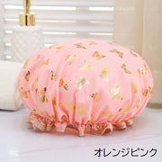 シャワーキャップ ヘアキャップ バスキャップ 大人用 レディース 二層式 浴用帽子 防水 バス用品 ヘアケア 女性 入浴 髪保護 洗顔 フリル 蝶柄 可愛い おしゃれ お風呂 バスグッズ