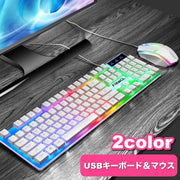 キーボード マウス 2点セット PC周辺機器 有線 USB接続 英語配列 ゲーミングカラー カラフル 光る バックライト 防水 パソコン用 PC用