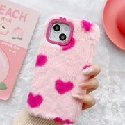 iPhoneケース スマホケース 保護ケース 背面保護 傷防止 汚れ防止 もこもこ フェイクファー ハート柄 可愛い お洒落 iPhoneカバー スマホカバー スマートフォンケース アイフォンケース プチギフト 贈り物