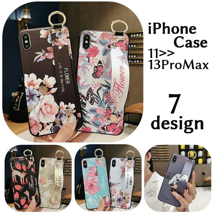 スマホケース スマホカバー ベルト付き 落下防止バンド iPhone 11 11Pro 11ProMax 12 12Pro 12ProMax 13 13Pro 13ProMax 横置き 動画鑑賞 花柄 フラワー ウサギ 蝶 ハイビスカス ボタニカル パイナップル ヒョウ イチゴ おしゃれ かわいい ロマンティック アイホン レディース アイフォン 携帯ケース 保護ケース 背面保護 傷防止