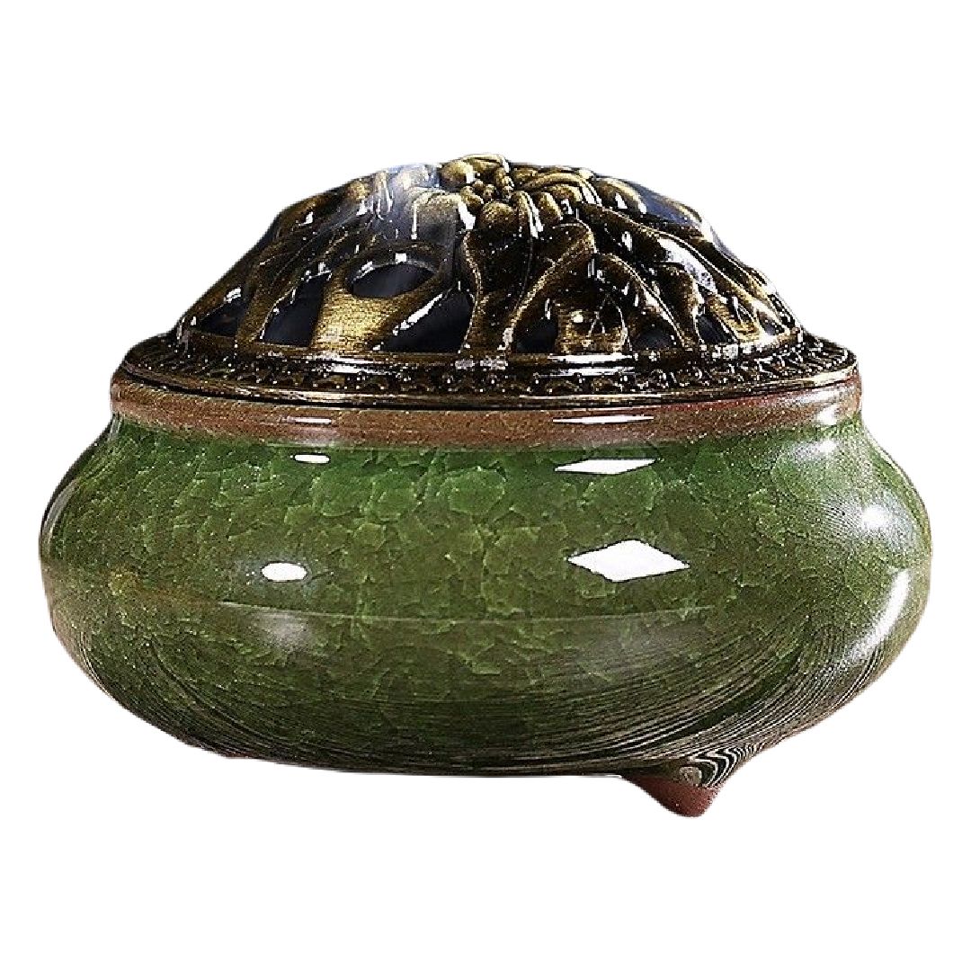 香炉 蓋付き おしゃれ 丸型 陶器 セラミックス グリーン【氷裂文様】 バリエーション画像