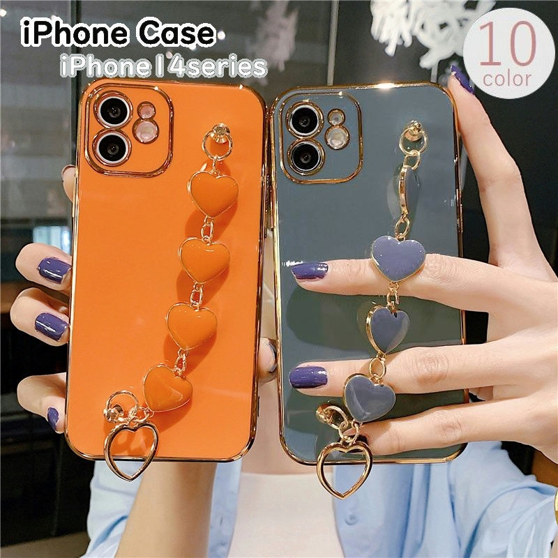 iPhoneケース スマホケース iPhoneカバー スマホカバー チェーン付き ハート 落下防止 汚れ防止 傷防止 かわいい おしゃれ 女子力 ゴールドカラー カラバリ豊富 ピンク ホワイト ブラック ブルー レッド パープル グリーン オレンジ 白 黒 青 赤 紫 緑