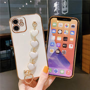 iPhoneケース スマホケース iPhoneカバー スマホカバー チェーン付き ハート 落下防止 汚れ防止 傷防止 かわいい おしゃれ 女子力 ゴールドカラー カラバリ豊富 ピンク ホワイト ブラック ブルー レッド パープル グリーン オレンジ 白 黒 青 赤 紫 緑