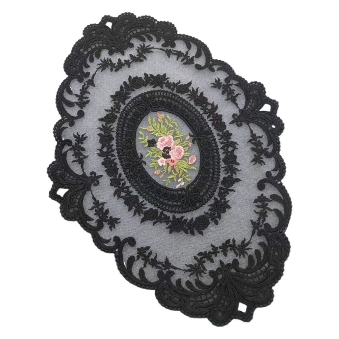 ドイリー テーブルセンター 花柄 刺繍 楕円 レース ブラック バリエーション画像