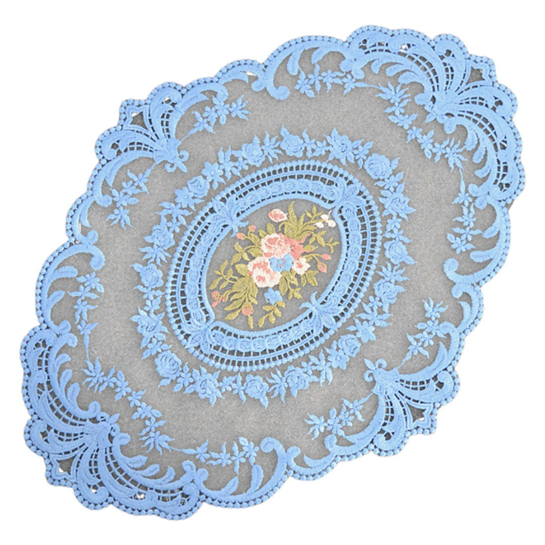 ドイリー テーブルセンター 花柄 刺繍 楕円 レース インディゴブルー バリエーション画像
