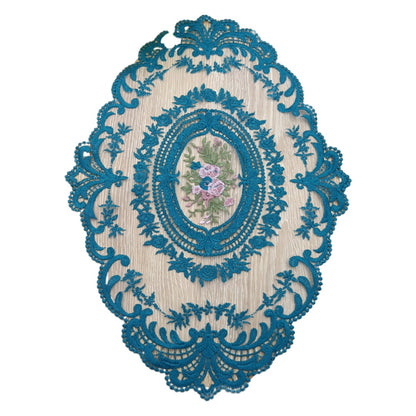 ドイリー テーブルセンター 花柄 刺繍 楕円 レース ピーコックグリーン バリエーション画像