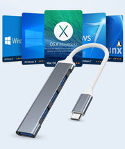 USBハブ USBポート 4in1 4ポート type-c USB3.0 PCアクセサリー コネクター 多機能 マウス キーボード プリンター シルバーカラー グレー