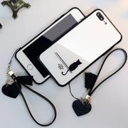 iPhoneケース ストラップ付き スマホケース apple スマホカバー 保護ケース 傷防止 強化ガラス 猫 ハート おしゃれ