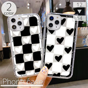 iPhoneケース iPhoneカバー スマホケース スマホカバー ハート チェック 市松模様 白黒 モノクロ 透明 クリア 透け感 スリム 落下 保護 傷防止 耐衝撃 衝撃吸収 スマートフォン アイフォン Apple アップル かわいい おしゃれ