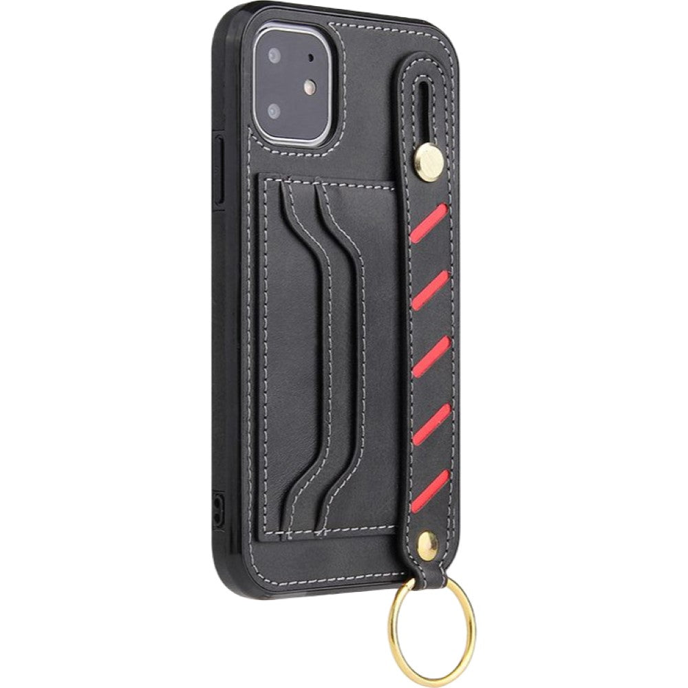 iPhone対応ケース スマホカバー 背面 ベルトバンド カード収納 カードホルダー スタンド機能 リング付き PU レザー調 背面保護 傷防止 落下防止 ポケット おしゃれ かっこいい 上品 シンプル 無地