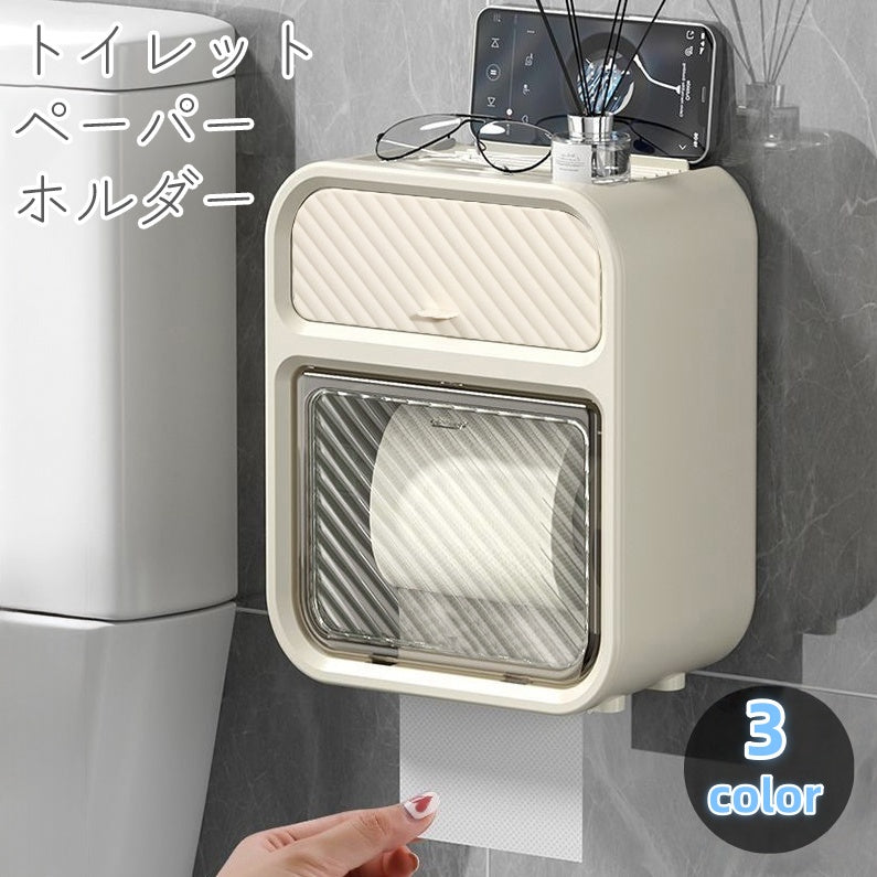 トイレットペーパーホルダー ティッシュ ボックス ケース ラック 粘着テープ 貼り付け 小物置き 小物入れ 透明窓 壁面 収納 工具 工事 穴あけ 不要 トイレ用品 洗面所 スタイリッシュ おしゃれ