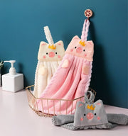 ループ付きタオル 4枚セット 子供用 キッズ ベビー ハンドタオル ブタ 王冠 紐付き お手拭き 吊り下げ 手洗い 布巾 ふきん アニマル フェイス かわいい キッチン用品