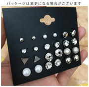 ピアス セット 12個セット シンプル 小ぶり 丸型 三角 パール風 クリスタルストーン ダイヤ風 ゴールドカラー シルバーカラー 女性 アクセサリー
