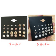 ピアス セット 12個セット シンプル 小ぶり 丸型 三角 パール風 クリスタルストーン ダイヤ風 ゴールドカラー シルバーカラー 女性 アクセサリー
