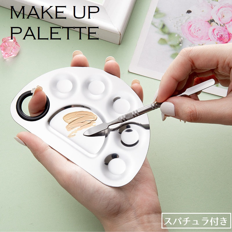 メイクアップパレット カラーブレンド ミキシング スパチュラ付き 2点セット ネイルアート用品 化粧品 メイク用品 メイクツール マニキュアパレット シャドウパレット リップパレット 半円 単色 ステンレス シンプル 化粧道具アクセサリー 便利グッズ 銀色