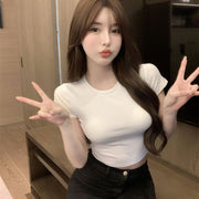 カットソー Tシャツ 半袖 ショート丈 レディース へそ出し ラウンドネック プルオーバー 無地 タイト スリム 肌見せ 春夏 着回し シンプル ヘビロテ おしゃれ カジュアル 女性用