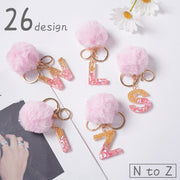 キーホルダー キーリング バッグチャーム アルファベット N to Z イニシャル ポンポン フェイクファー ナスカン レディース 女性用 キラキラ ピンク ゴールドカラー プレゼント ギフト かわいい