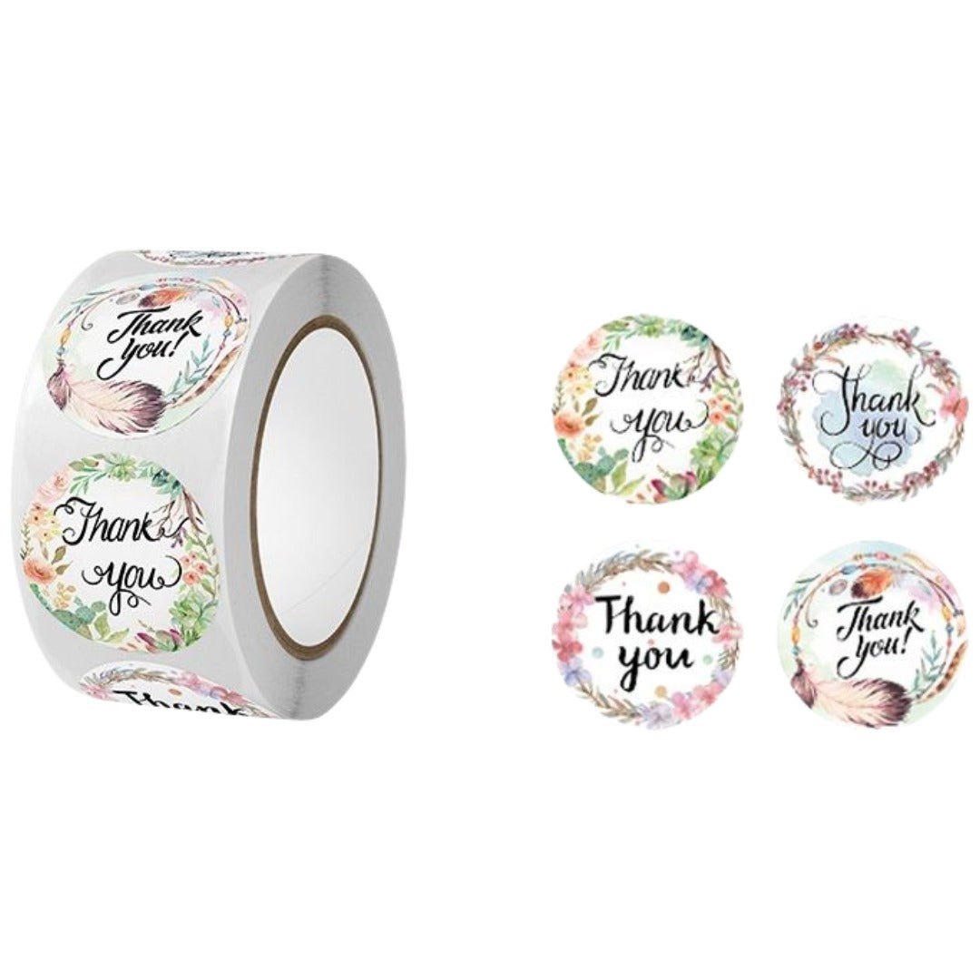 ギフトシール 500枚 1ロール ラッピング用品 thank you サンキュー リーフ 葉 フラワー 花 ラベル ステッカー プレゼント ギフト ありがとう お礼 英字 丸 まる シール 文具 日用品雑貨 たっぷり 大容量 かわいい イラスト入り 白 緑 黒 ピンク