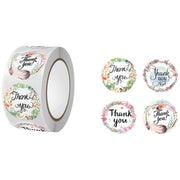 ギフトシール 500枚 1ロール ラッピング用品 thank you サンキュー リーフ 葉 フラワー 花 ラベル ステッカー プレゼント ギフト ありがとう お礼 英字 丸 まる シール 文具 日用品雑貨 たっぷり 大容量 かわいい イラスト入り 白 緑 黒 ピンク