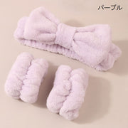 洗顔用ヘアバンド リストバンド 3点セット リボン ふわふわ もこもこ 吸水 無地 家事 洗い物 袖濡れ防止 かわいい おしゃれ ピンク ホワイト ブラック 白 黒