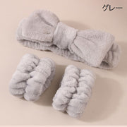 洗顔用ヘアバンド リストバンド 3点セット リボン ふわふわ もこもこ 吸水 無地 家事 洗い物 袖濡れ防止 かわいい おしゃれ ピンク ホワイト ブラック 白 黒