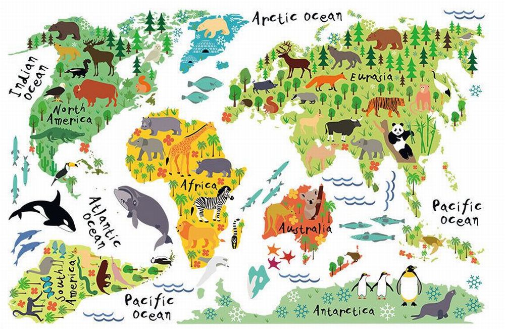 ウォールステッカー 壁紙シール 世界地図 ワールドマップ MAP アニマル 動物分布地図 生息地図 英語 アルファベット カラフル おしゃれ シンプル ルームデコレーション ウォールデコレーション 壁面装飾 リフォーム パーティー イベント 飾り付け 雑貨 小物 インテリア 可愛い かわいい 英字