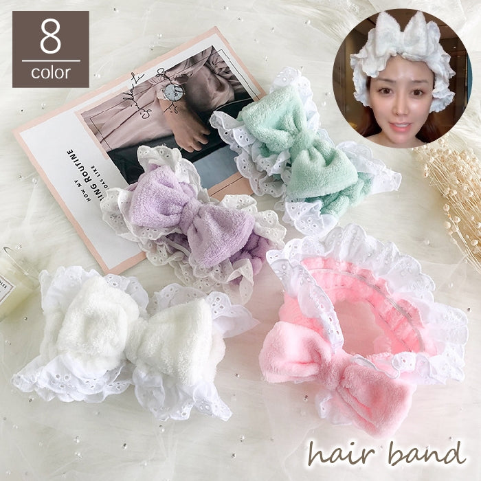 ヘアバンド 洗顔用 ヘッドバンド ターバン レディース 女性 バス用品 スキンケア ヘアケア 化粧 メイク リボン レース ふわふわ もこもこ 可愛い おしゃれ