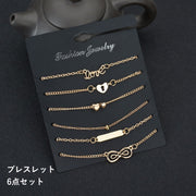 ブレスレット 6点セット アクセサリー レディース ファッション小物 チャーム ゴールドカラー ハート リボン かわいい おしゃれ シンプル ギフト 記念日 誕生日 プレゼント 贈り物 女性用