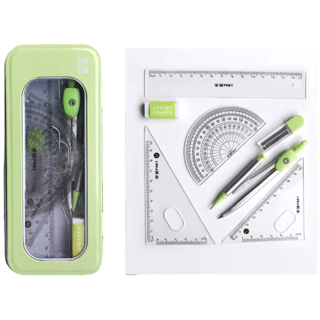 定規セット 文房具セット 7点セット ケース付き 直定規 15cm 三角定規 分度器 コンパス 消しゴム カンケース ペンケース コンパス用替え芯 中学生 小学生 学校 算数 文具セット プレゼント 子供 こども 女子 男子
