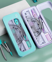 定規セット 文房具セット 7点セット ケース付き 直定規 15cm 三角定規 分度器 コンパス 消しゴム カンケース ペンケース コンパス用替え芯 中学生 小学生 学校 算数 文具セット プレゼント 子供 こども 女子 男子