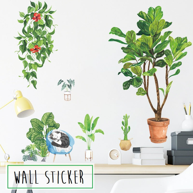 ウォールステッカー 壁ステッカー 壁紙シール リーフ 葉 鉢植え 植木鉢 植物 猫 ナチュラル インテリア雑貨 DIY 模様替え プチリフォーム 貼り付け簡単 イメージチェンジ リビング 子ども部屋 寝室 ルームデコレーション ウォールデコレーション 飾り付け 壁面装飾 壁装飾 室内装飾 おしゃれ かわいい
