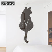 壁掛け時計 ウォールクロック ミラー 鏡 猫 ネコ 猫シルエット お洒落 可愛い インテリア 飾り 雑貨 ゴールドカラー シルバーカラー ブラック ベッドルーム 寝室 リビング プレゼント 贈り物