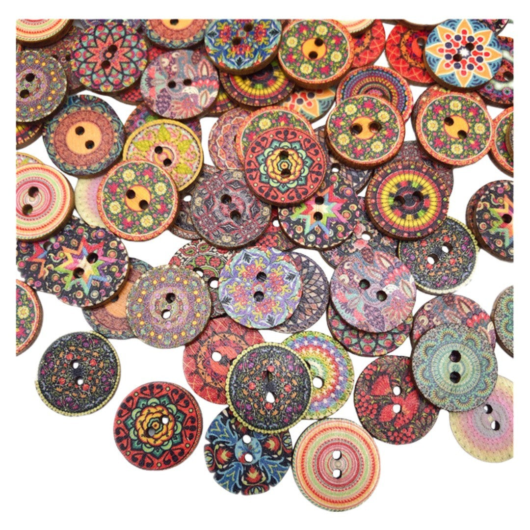 ボタン 木製 15mm 20mm 100個 25mm 50個 ウッド 花柄 フラワー 幾何学 フォークロア調 民族調 手作り クラフト 手芸 縫製材料 ハンドメイド おしゃれ かわいい レトロ アンティーク調 リメイク 雑貨 素材