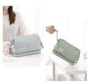 化粧ポーチ コスメポーチ メイクポーチ 化粧品収納 レディース 女性 大容量 2重構造 防水 ファスナー 英字 ロゴ ブラック かわいい おしゃれ シンプル 旅行 トラベル グレーピンク ブルー グリーン