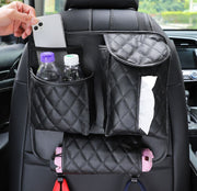 シートバックポケット 車内収納 カー用品 ドリンクホルダー ティッシュケース フック付き ワンタッチバックル キルティング レザー調 車用 小物入れ 吊り下げ ヘッドレスト 空間活用 後部座席 整理整頓 スッキリ