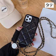 iPhone用ケース チェーンベルト付き 汎用型ケース スマートフォンケース 黒 レザー調 キルティング スマホカバー 携帯カバー ショルダーストラップ 落下防止 保護 傷防止 かわいい おしゃれ アイフォン用