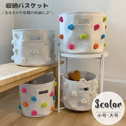 収納バスケット 収納ボックス 布製かご おもちゃ箱 おもちゃ収納 ストレージバスケット 円柱型 持ち手付き キャンバス ボンボン付き 子供部屋 おもちゃ入れ 衣類収納 おむつ収納 整理整頓 片付け 持ち運び便利 キッズルーム