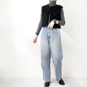 ベスト ジレ クロップド チュール ジャガード 前後2WAY レディース ショート丈 前開き 透け感 クルーネック トップス